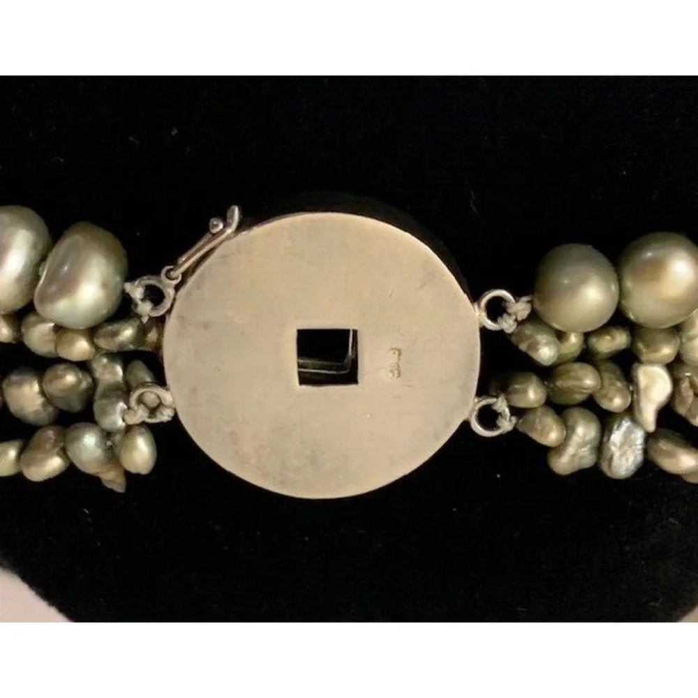 VTG Multi Strand Pearl Necklace Chunky Statement Asian Sterling Silver Coin MCM